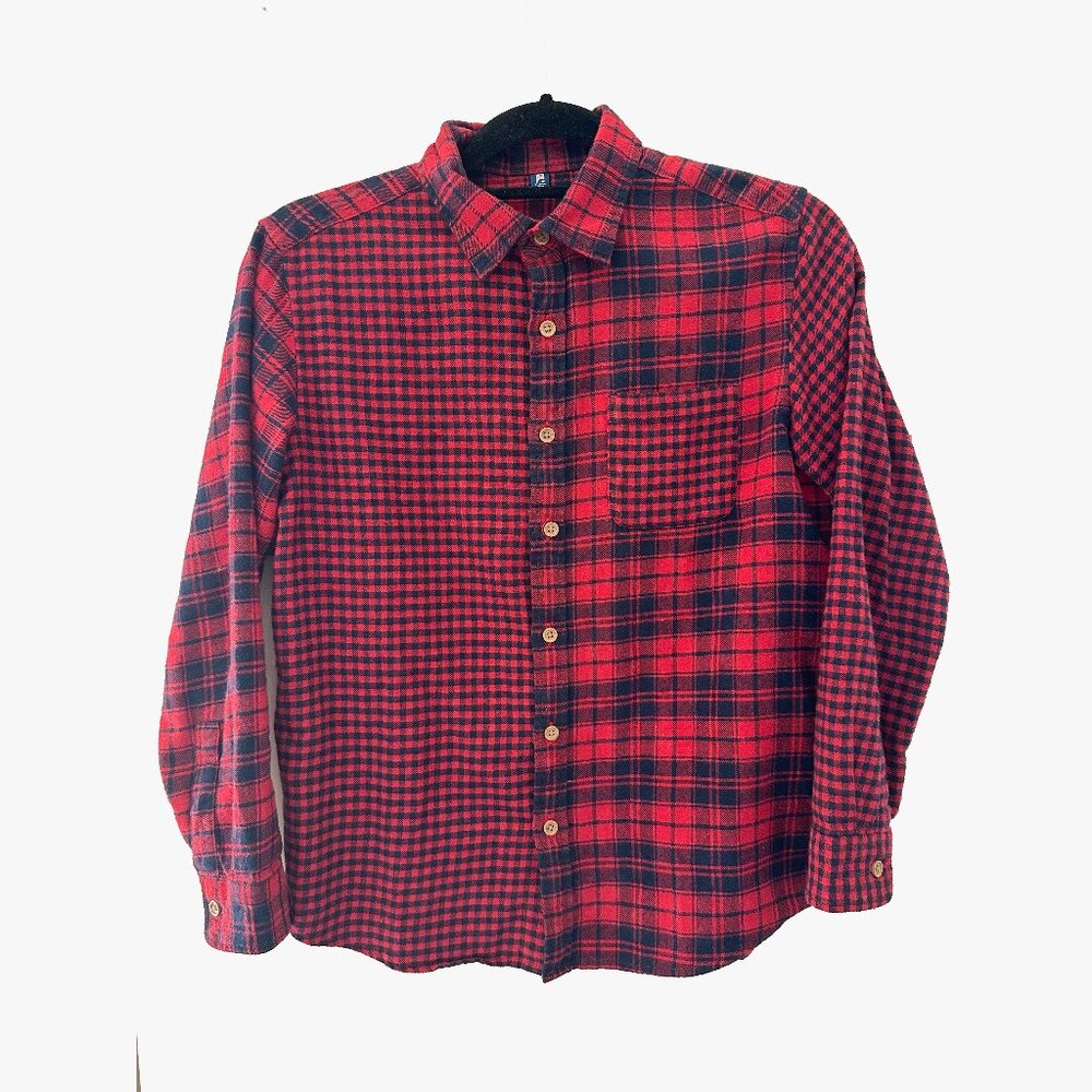 Boys Size 11-12 Uniqlo Red/Navy Flannet button down